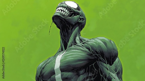 Green monster roars, dramatic pose, lime backdrop, graphic novel art. photo