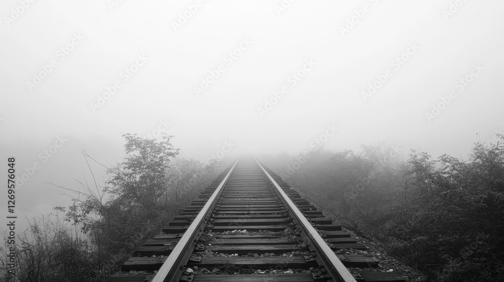 Obraz premium Abandoned Railway Track Stretching into the Foggy Horizon