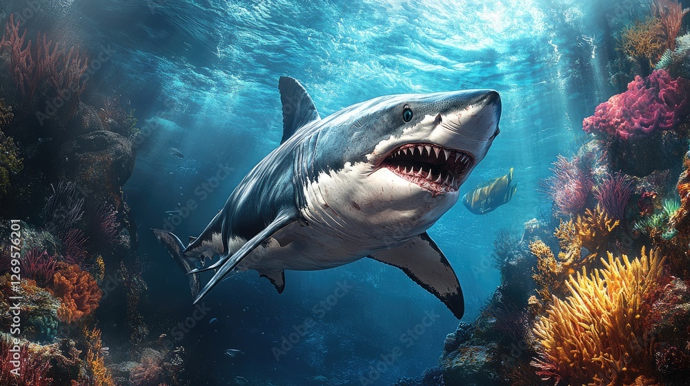 Fototapeta premium A realistic depiction of a shark swimming through a vibrant coral reef underwater.