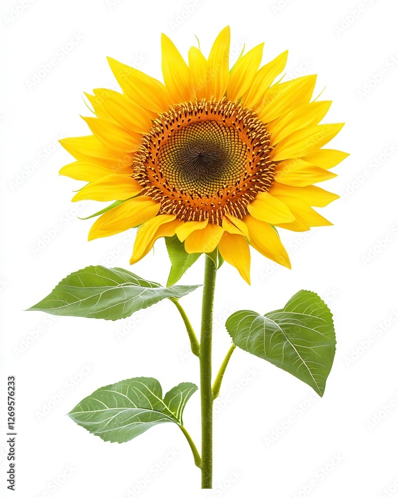 Obraz premium Radiant Yellow Sunflower Blossom with Green Foliage on a Pure White Background and many related keywords. Keywords sunflower, yellow, flower, isolated, white background, floral, nature, plant, bloom