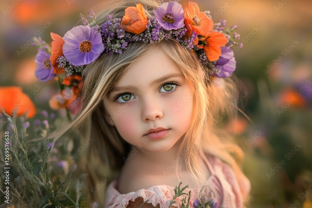 Naklejka premium A girl with blonde hair wears a flower crown in a poppy field, serene and beautiful.