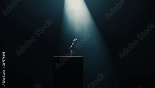 Empty podium microphone spotlight dark stage