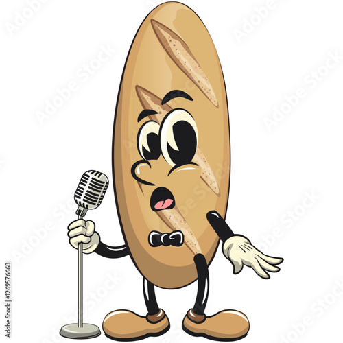 baguette bread cartoon isolated vektor illustration mascot character on front of the mic become a stand up comedian, work of hand drawn