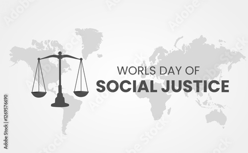 Minimalist vector design featuring a balance scale, symbolizing justice and equality, with the text “Worlds Day of Social Justice.” The monochrome color scheme gives a professional and universal appea