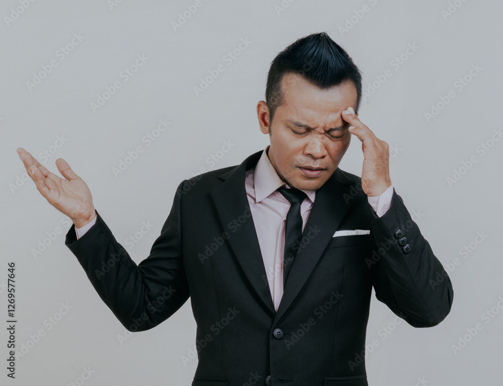 Stressed and confused businessman for anxiety, debt and stock market crash for fail economy. Asian male worker thinking of bankruptcy problem, doubt and financial crisis isolated over white background Stressed and confused businessman for anxiety, debt and stock market crash for fail economy. Asian male worker thinking of bankruptcy problem, doubt and financial crisis isolated over white background