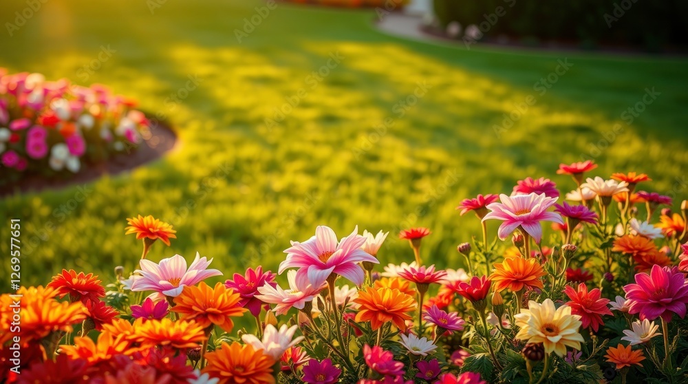 Obraz premium Vibrant Flower Garden at Sunset Stunning Landscape Photography