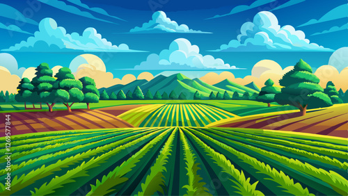 A vibrant green field with rows of crops under a bright blue sky and fluffy clouds.