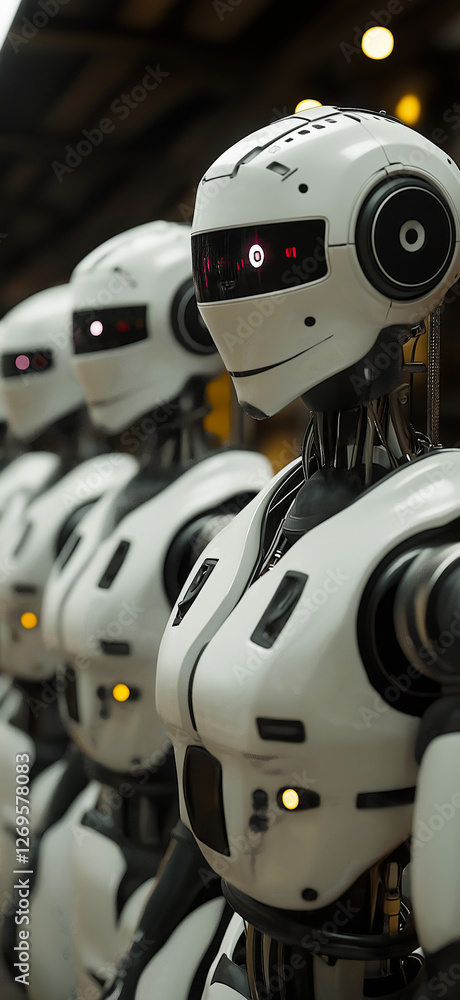 Row of humanoid robots standing in a line in a futuristic factory, artificial intelligence concept Row of humanoid robots standing in a line in a futuristic factory, artificial intelligence concept