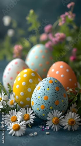 A Bright Scene of Decorated Easter Eggs with Polka Dots Surrounded by Fresh Daisies Against a Soft Background, Evoking Spring Joy photo