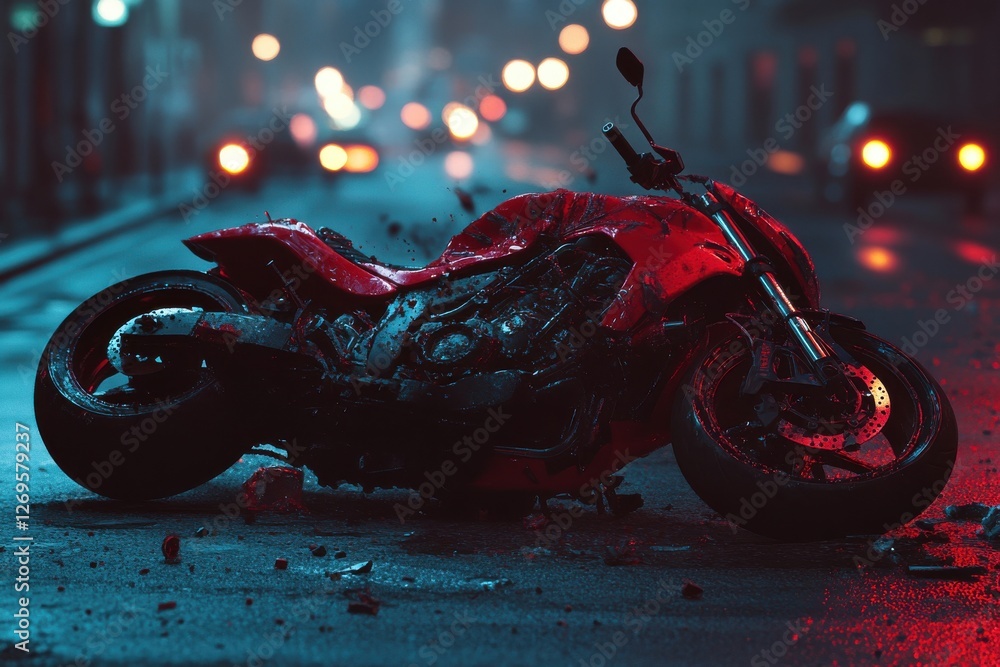 Damaged motorcycle parts after crash on city street at dusk with vibrant twilight sky showcasing urban life and accident aftermath