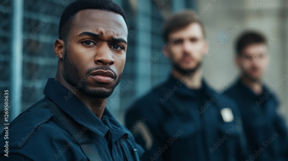Focused officer in front of coworkers. Focused officer in front of coworkers.