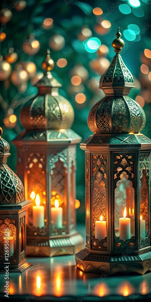 Obraz premium ramadan kareem New Background Ornate Arabic lanterns glowing candles, Ramadan decorations, golden domes, Islamic patterns, soft bokeh background