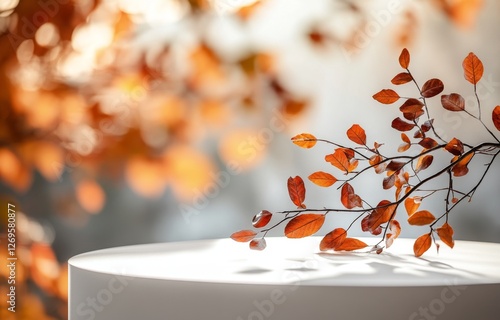 Autumn display, white pedestal, orange leaves, blurred foliage background photo