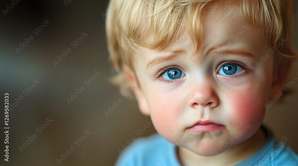 Close-up portrait of a young child with striking blue eyes and blonde hair wearing a light blue shirt, captured with soft natural lighting and shallow depth of field Close-up portrait of a young child with striking blue eyes and blonde hair wearing a light blue shirt, captured with soft natural lighting and shallow depth of field