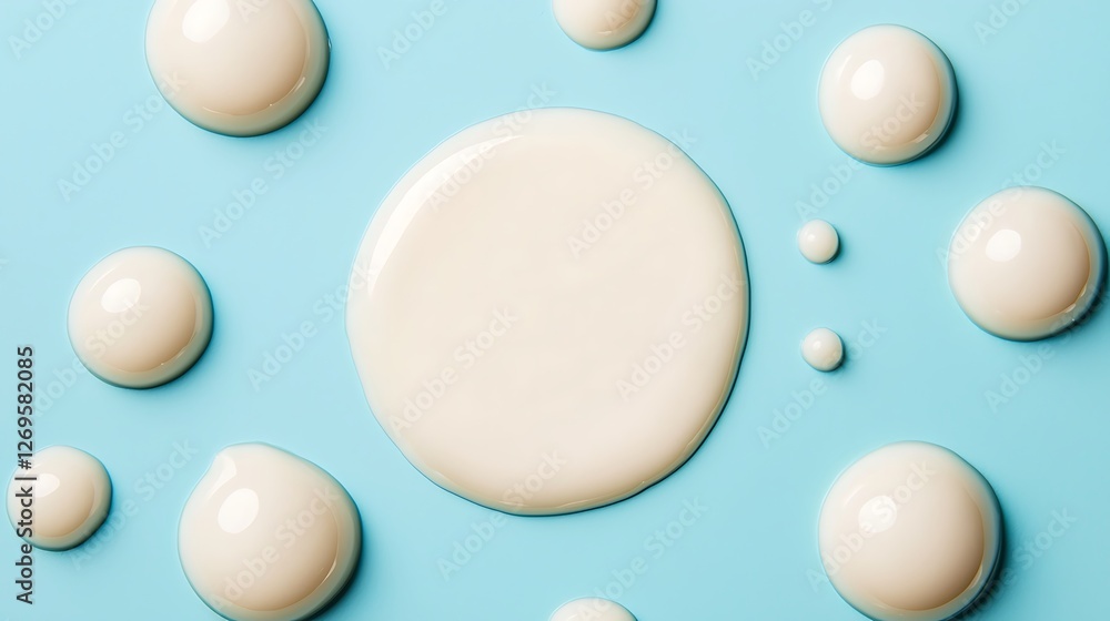 A collection of creamy droplets against a pastel blue background, creating a fresh and modern aesthetic. A collection of creamy droplets against a pastel blue background, creating a fresh and modern aesthetic.