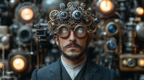 Wallpaper Mural A man with steampunk goggles surrounded by vintage cameras and mechanical elements. Torontodigital.ca