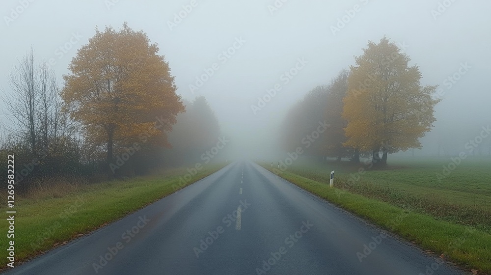 Foggy autumn road through trees Foggy autumn road through trees