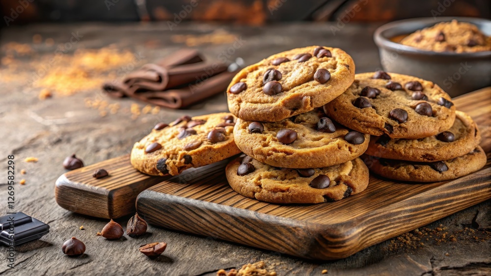 Freshly baked chocolate chip cookies on a wooden cutting board with a hint of melting chocolate and crunchy edges, treats, food display Freshly baked chocolate chip cookies on a wooden cutting board with a hint of melting chocolate and crunchy edges, treats, food display