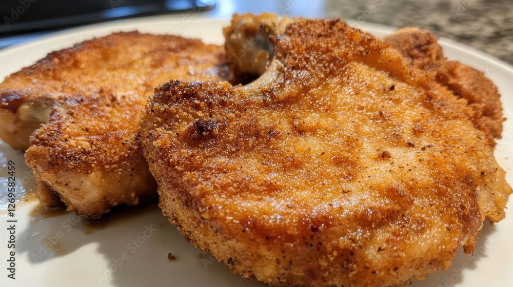 Golden southern fried pork chops stacked on a bun with tangy pickles and fresh lettuce. Golden southern fried pork chops stacked on a bun with tangy pickles and fresh lettuce.