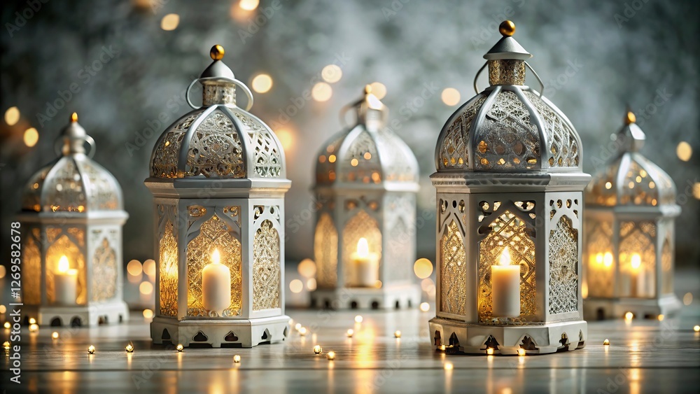 Obraz premium ramadan kareem New Background Ornate Arabic lanterns glowing candles, Ramadan decorations, golden domes, Islamic patterns, soft bokeh background