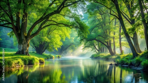Majestic lush trees stand tall along a tranquil stream's gentle edge, surrounded by vibrant green foliage and soft misty atmosphere , tree silhouettes, natural water feature