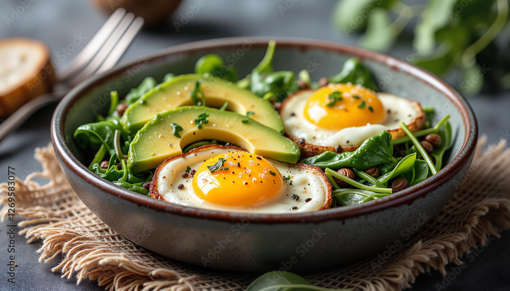 Wholesome avocado and egg bowl on slate surface, healthy breakfast
