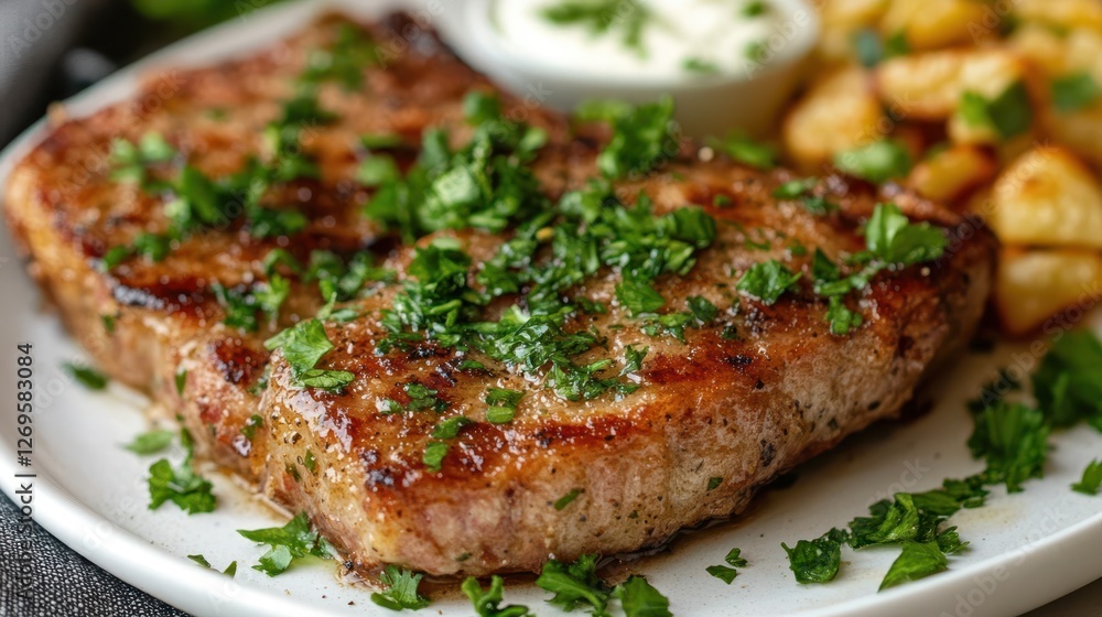 Golden fried pork chops stacked on a bun, overlooking a homey backyard in summer. Golden fried pork chops stacked on a bun, overlooking a homey backyard in summer.