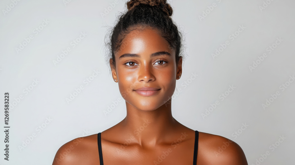 close up of person with neutral expression, showcasing smooth skin and natural look. individual has bun hairstyle and is wearing simple top, exuding confidence and calmness close up of person with neutral expression, showcasing smooth skin and natural look. individual has bun hairstyle and is wearing simple top, exuding confidence and calmness