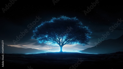 A glowing blue tree stands majestically against a dark backdrop, surrounded by a serene landscape, evoking a sense of mystery and tranquility.