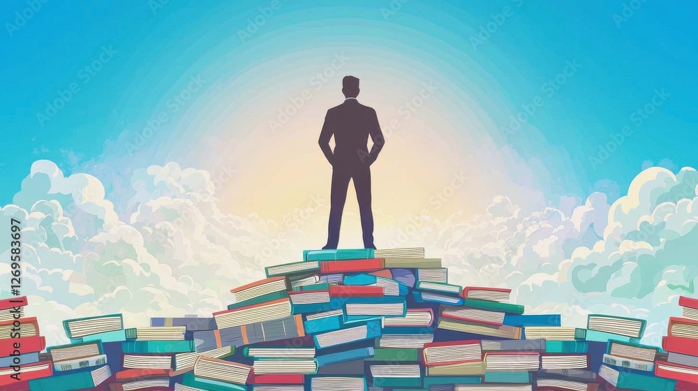 Silhouette of Man Standing on Pile of Books Against Blue Sky Silhouette of Man Standing on Pile of Books Against Blue Sky