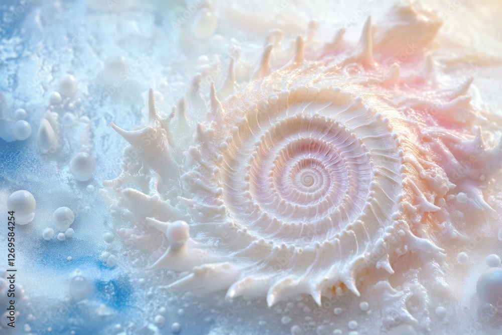 A mesmerizing close-up of a spiraled seashell submerged in a dreamy, bubbly liquid. A mesmerizing close-up of a spiraled seashell submerged in a dreamy, bubbly liquid.
