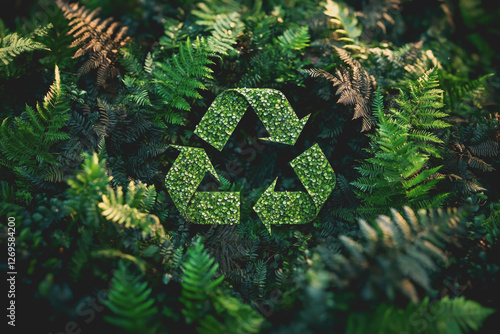 Green recycling symbol surrounded by lush ferns in a natural setting for eco-friendly themes photo