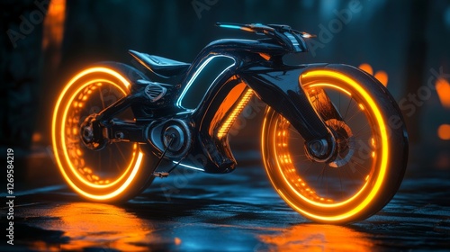 3D futuristic bicycle concept with glowing wheels and a carbon fiber frame.  photo