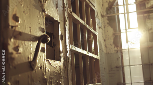 Close-up of a prison gate opening with sunlight shining through, symbolizing freedom, new beginnings, and hope for a fresh start in life. photo