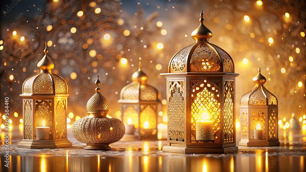 Obraz premium ramadan kareem New Background Ornate Arabic lanterns glowing candles, Ramadan decorations, golden domes, Islamic patterns, soft bokeh background
