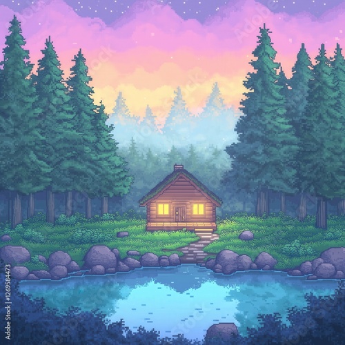 Pixel Art Tranquil Cabin by the Lake at Dawn Surrounded by Lush Evergreen Trees