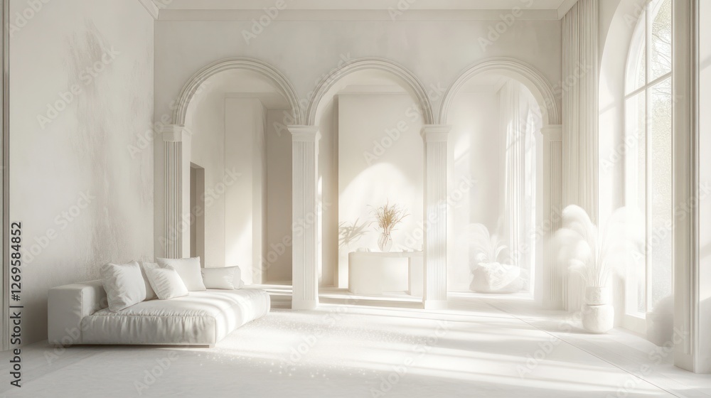 Naklejka premium Sunlit white minimalist living room interior design