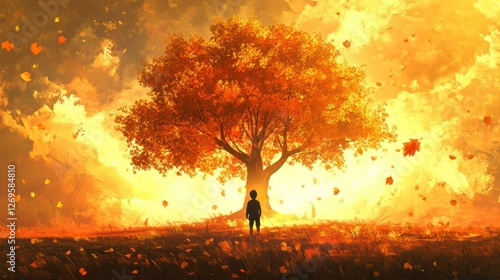 A Child in Front of a Majestic Autumn Tree at Sunset Glow