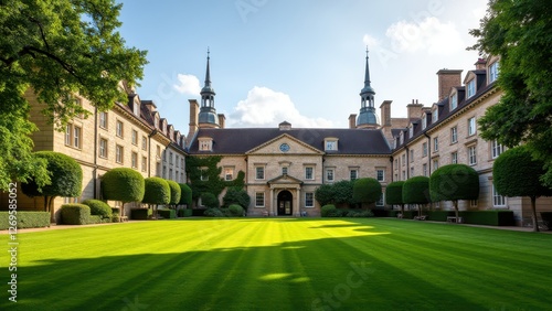 College tour, Historic stone buildings green quad clear sky photorealistic college scene.