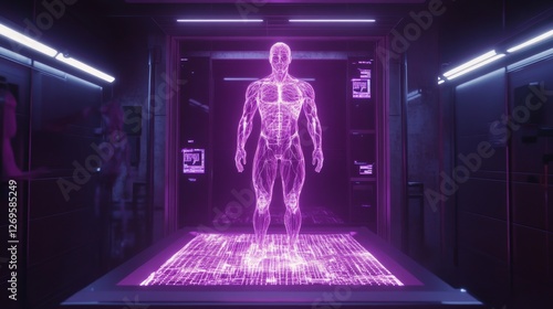 3D futuristic medical scanner analyzing a human body with holographic visuals.  photo