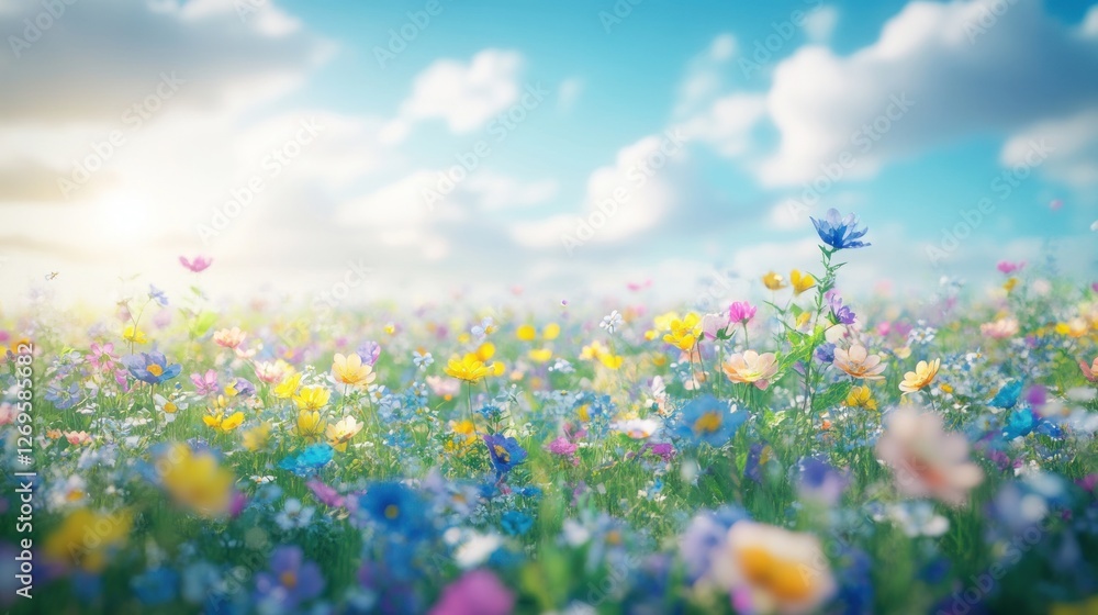 Colorful Wildflower Meadow Under Bright Blue Sky and Soft Clouds Colorful Wildflower Meadow Under Bright Blue Sky and Soft Clouds
