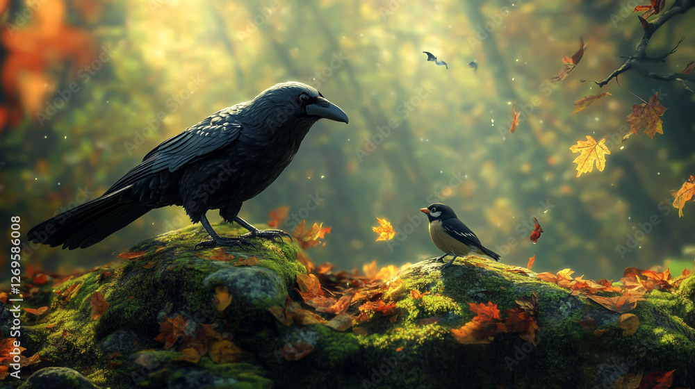 Fototapeta premium A beautiful crow and the little sparrow converse in the autumn forest. Sunlight filters through the leaves, casting a soft glow on the mossy stones.