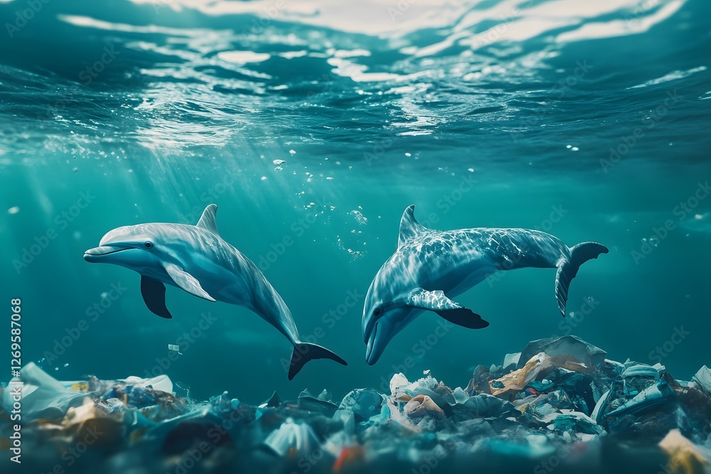 Fototapeta premium Dolphins swimming gracefully in polluted waters showcasing environmental issues