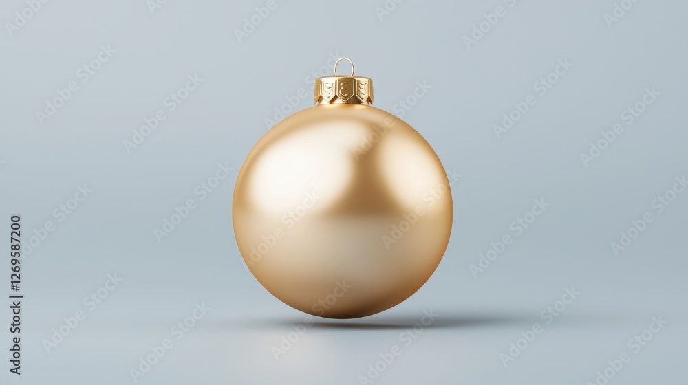 Golden christmas ornament hanging against soft gray background holiday decor minimalist style elegant viewpoint