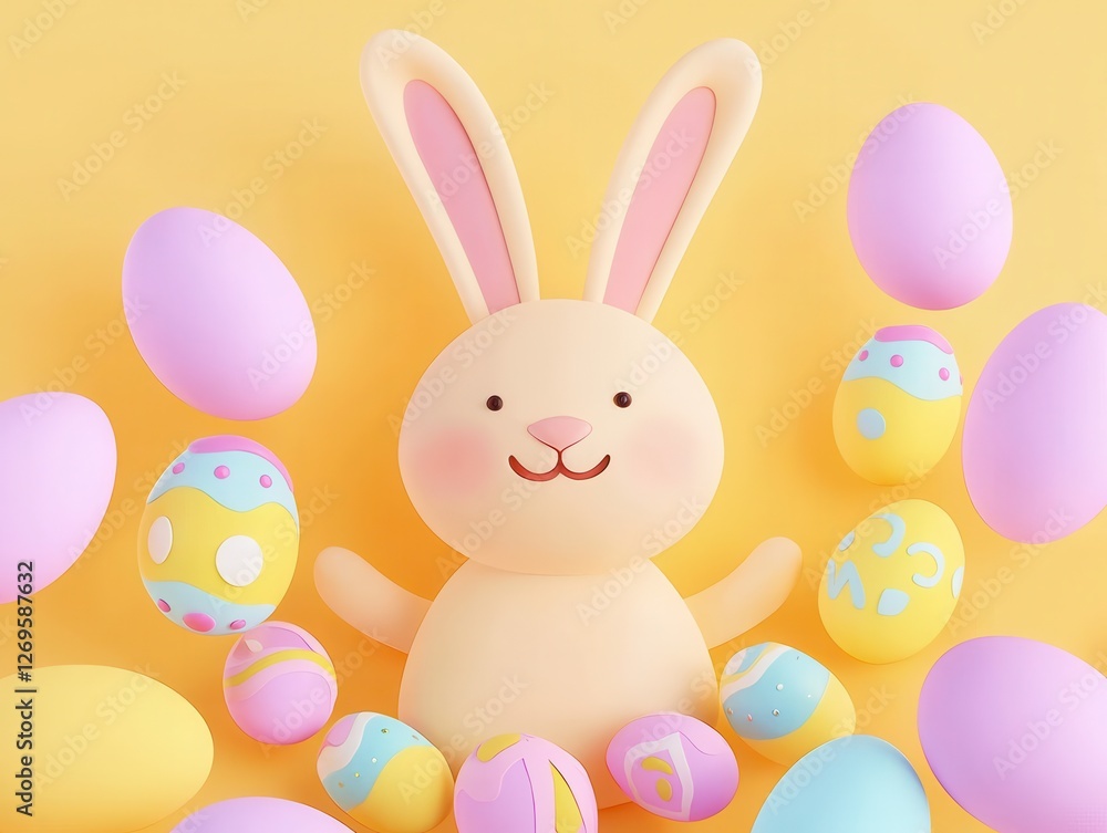 A cheerful bunny surrounded by colorful Easter eggs on a bright yellow background, perfect for spring celebrations and festive decorations. A cheerful bunny surrounded by colorful Easter eggs on a bright yellow background, perfect for spring celebrations and festive decorations.
