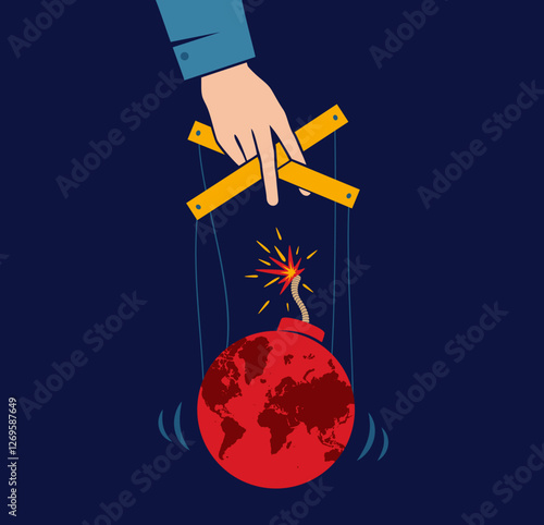 Vector vintage poster with hand controls Earth like a puppet. World control. World like bomb.