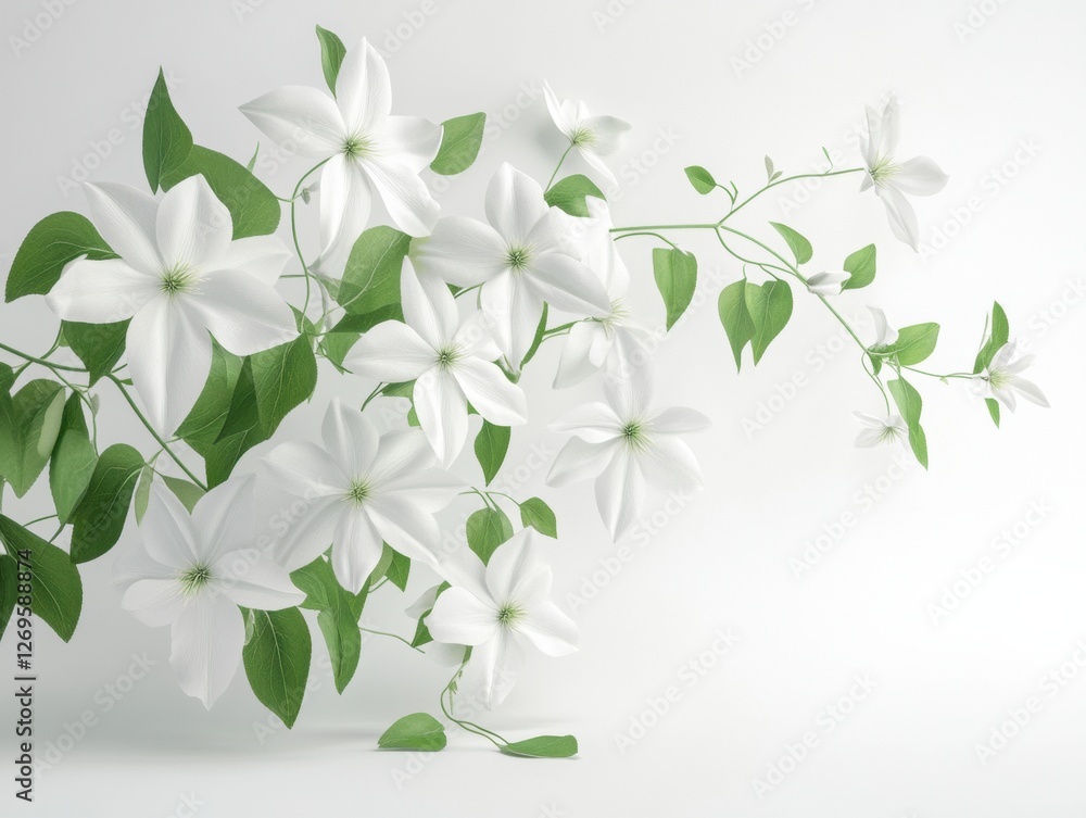 Fototapeta premium Elegant white flowers with green leaves arranged on a soft white background