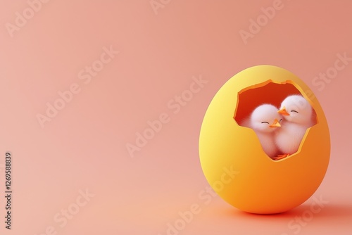 Wallpaper Mural Two cute chicks peek out from a cracked yellow egg against a soft peach background, symbolizing new beginnings and innocence. Torontodigital.ca