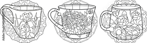 Decorative Vintage Teacups. Hand Drawn Illustration