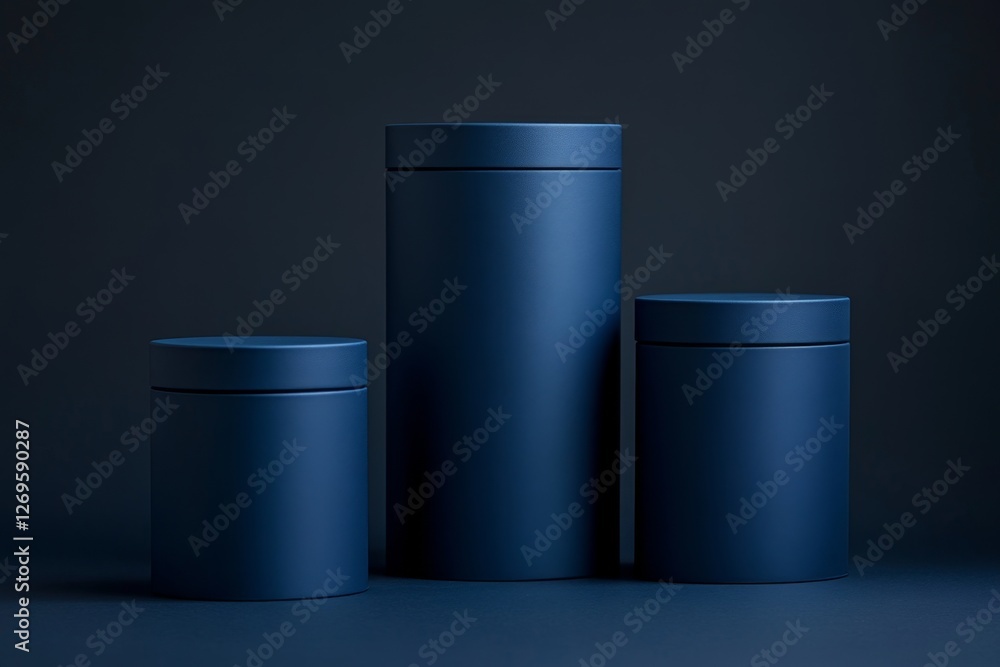 Dark Blue Cylindrical Containers on a Dark Studio Background Dark Blue Cylindrical Containers on a Dark Studio Background